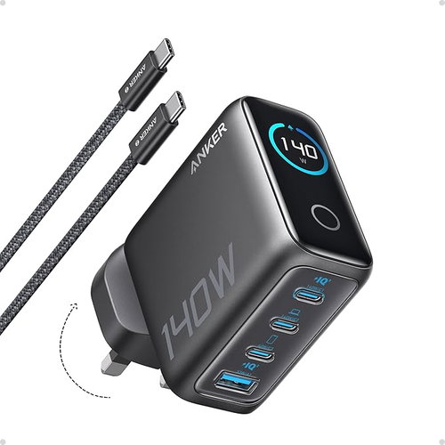Anker 140W USB C Charger, Laptop Charger, 4-Port Type C Fast Charging, Advanced GaN Power Adapter, Intuitive Touch Controls, Compatible for Macbook, HP/Dell/Lenovo, iPhone 17/16, Galaxy S25/24, Huawei Image