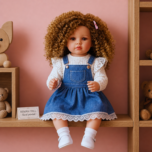 Hand-Painted Reborn Doll with Curly Hair – Realistic Baby Girl Doll in Denim Dress | Premium Collectible Toy Image