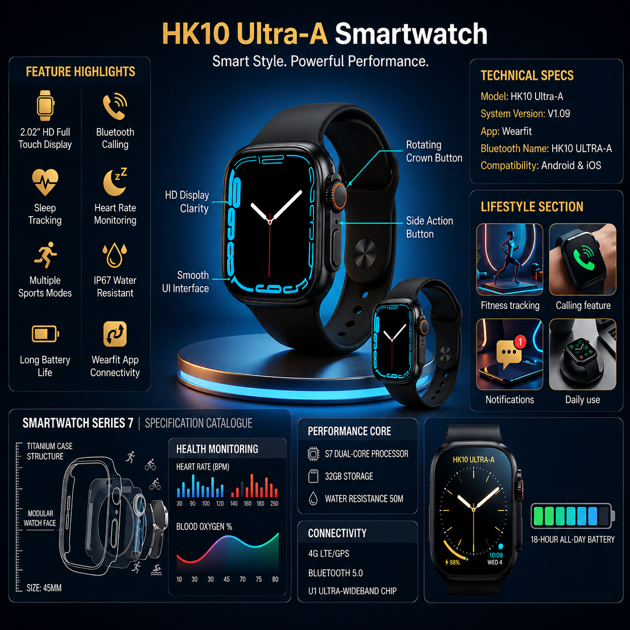 HK10 Ultra 3 Style Smart Watch 2.1” AMOLED Display with Always-On Display Bluetooth Calling Fitness Tracker IP68 for Android & iOS Image 