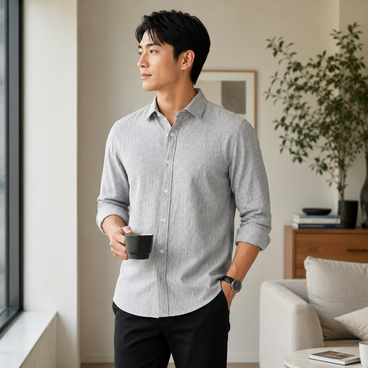 Men’s Light Grey Textured Slim Fit Full Sleeve Casual Formal Shirt