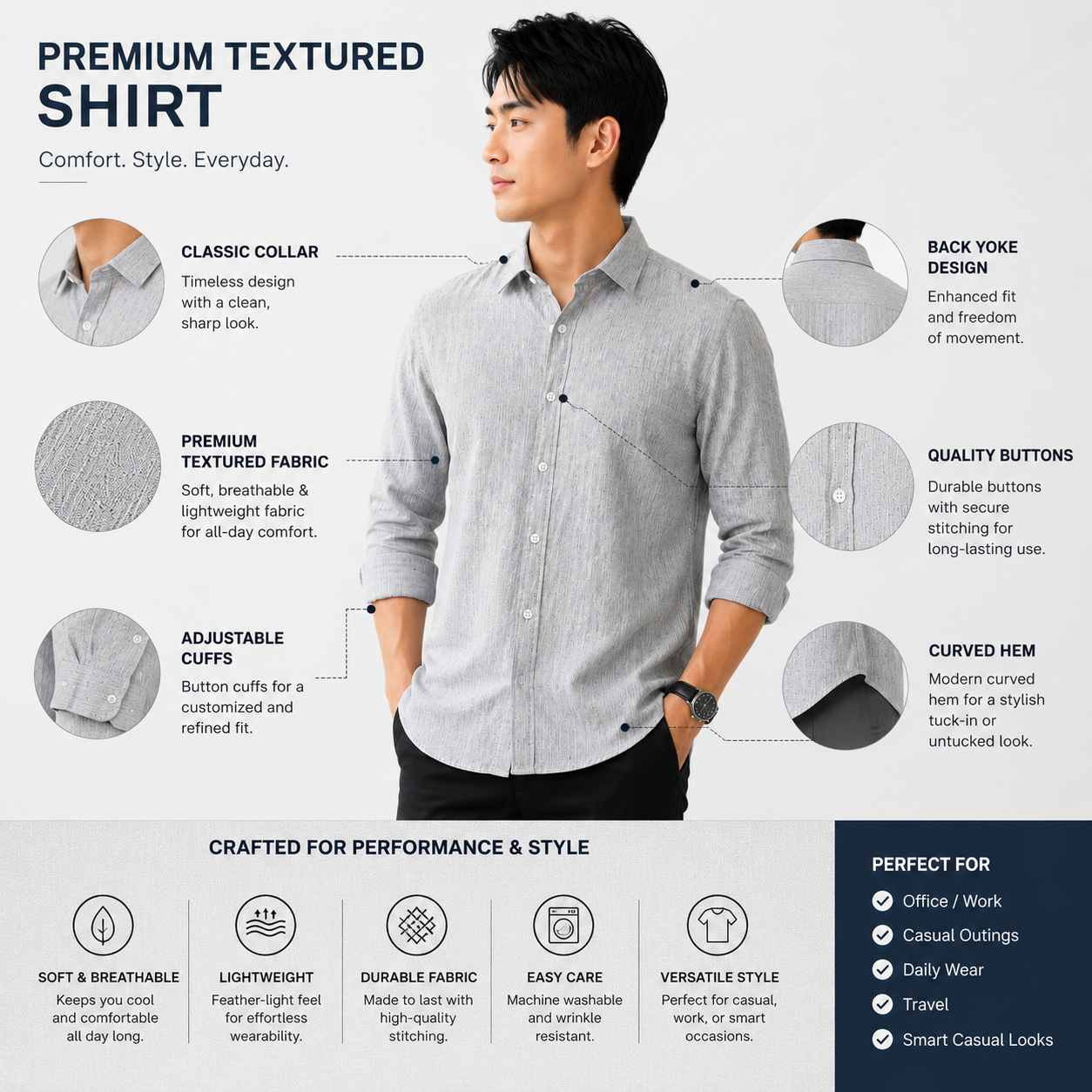 Men’s Light Grey Textured Slim Fit Full Sleeve Casual Formal Shirt Image 