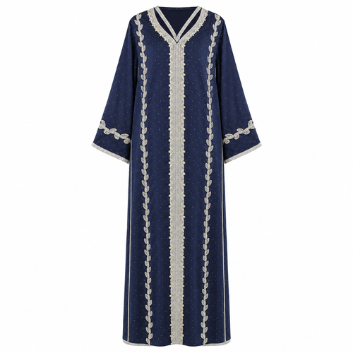 Royale Fashion Women's Luxury Embellished Abaya with Crystal Stone & Hand Embroidery | Premium Modest Kaftan Dress | Rhinestone Neckline | Elegant Islamic Arabic Wear | Navy Blue