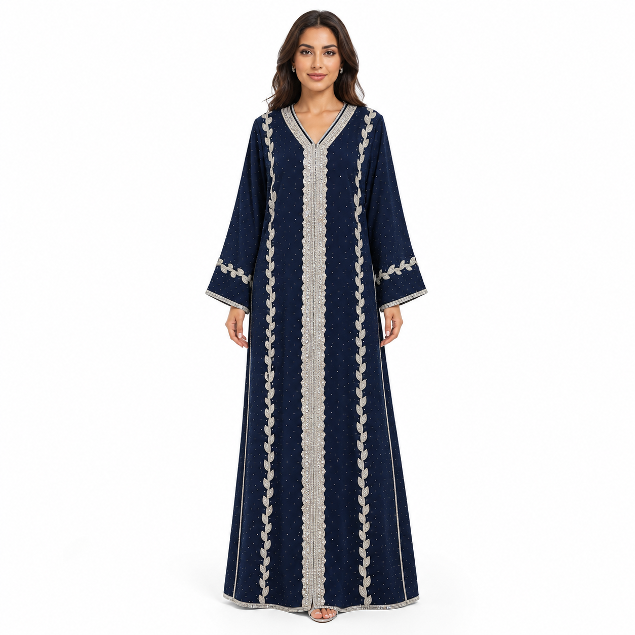 Royale Fashion Women's Luxury Embellished Abaya with Crystal Stone & Hand Embroidery | Premium Modest Kaftan Dress | Rhinestone Neckline | Elegant Islamic Arabic Wear | Navy Blue Image 