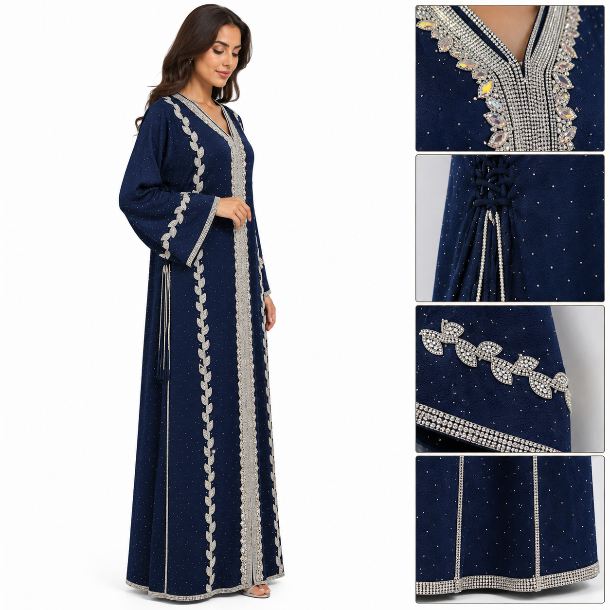 Royale Fashion Women's Luxury Embellished Abaya with Crystal Stone & Hand Embroidery | Premium Modest Kaftan Dress | Rhinestone Neckline | Elegant Islamic Arabic Wear | Navy Blue Image 