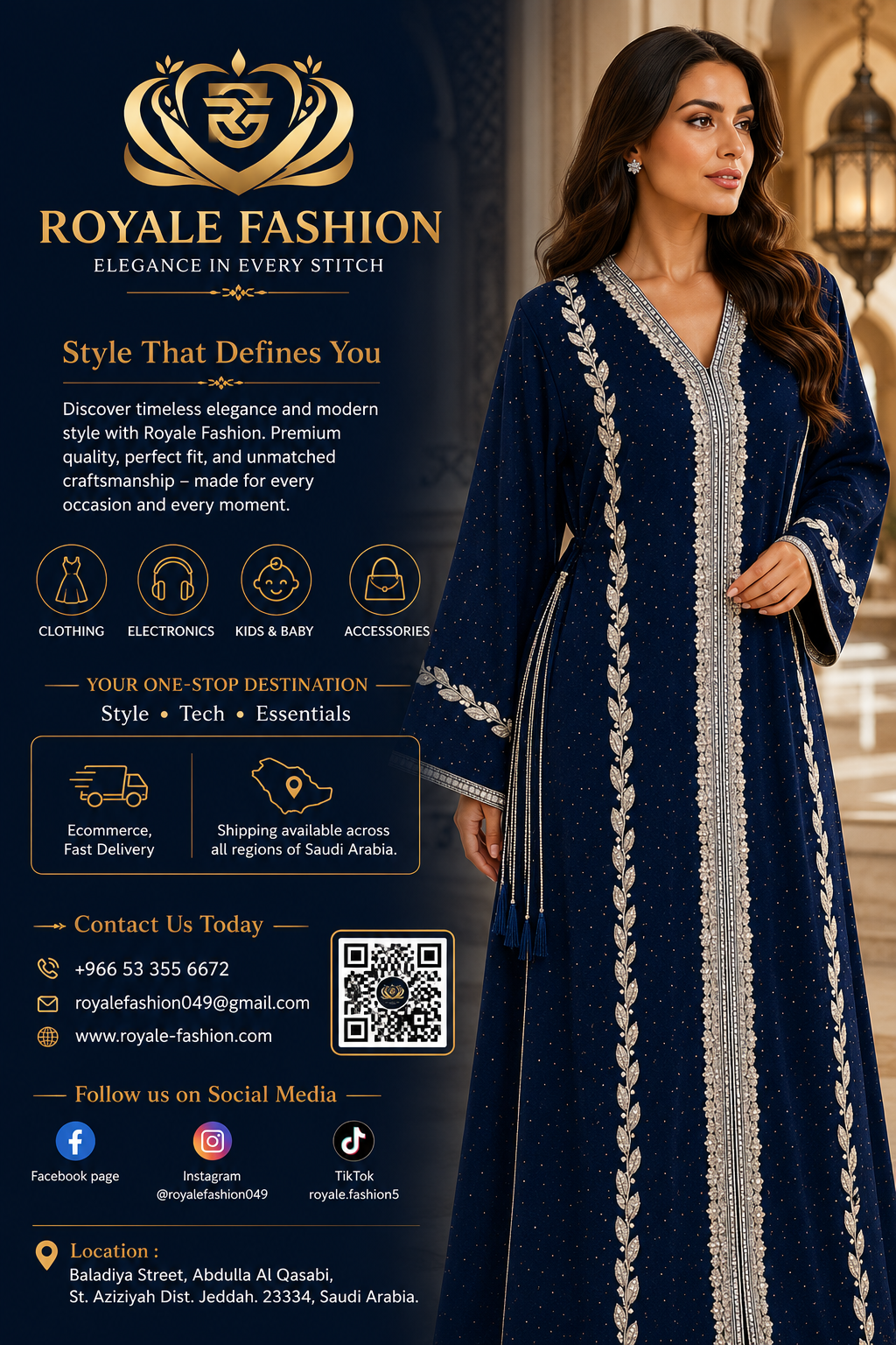 Royale Fashion Women's Luxury Embellished Abaya with Crystal Stone & Hand Embroidery | Premium Modest Kaftan Dress | Rhinestone Neckline | Elegant Islamic Arabic Wear | Navy Blue Image 