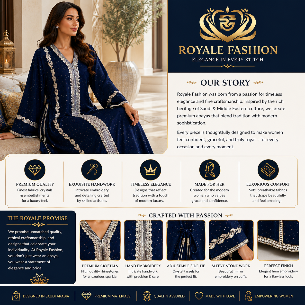 Royale Fashion Women's Luxury Embellished Abaya with Crystal Stone & Hand Embroidery | Premium Modest Kaftan Dress | Rhinestone Neckline | Elegant Islamic Arabic Wear | Navy Blue Image 