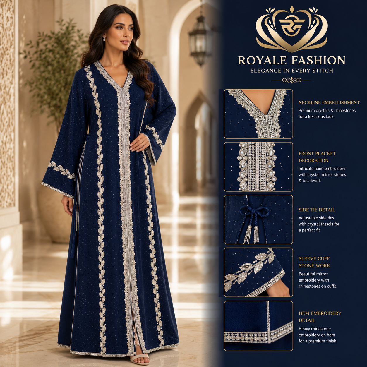 Royale Fashion Women's Luxury Embellished Abaya with Crystal Stone & Hand Embroidery | Premium Modest Kaftan Dress | Rhinestone Neckline | Elegant Islamic Arabic Wear | Navy Blue Image 