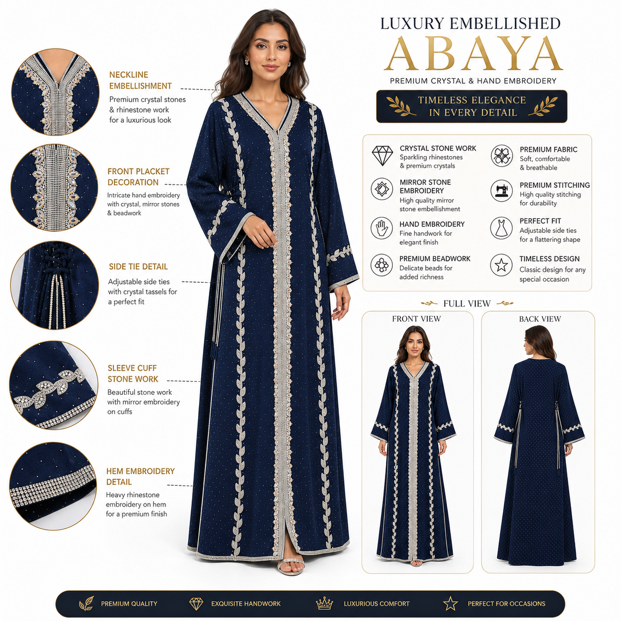 Royale Fashion Women's Luxury Embellished Abaya with Crystal Stone & Hand Embroidery | Premium Modest Kaftan Dress | Rhinestone Neckline | Elegant Islamic Arabic Wear | Navy Blue Image 