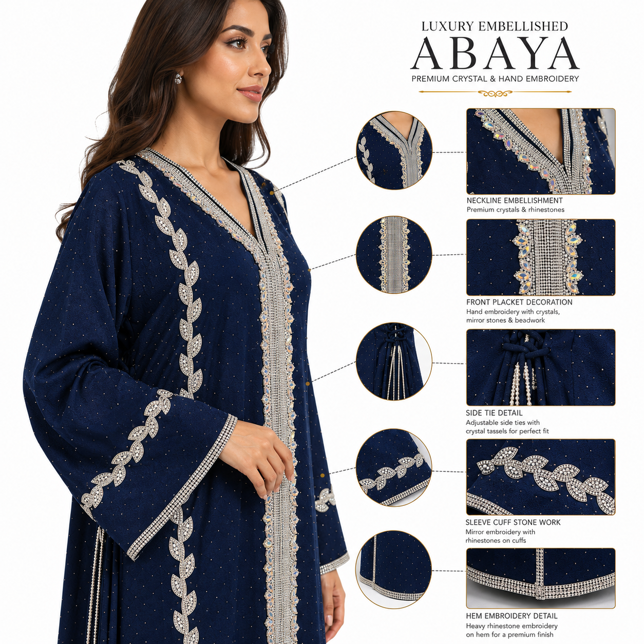 Royale Fashion Women's Luxury Embellished Abaya with Crystal Stone & Hand Embroidery | Premium Modest Kaftan Dress | Rhinestone Neckline | Elegant Islamic Arabic Wear | Navy Blue Image 