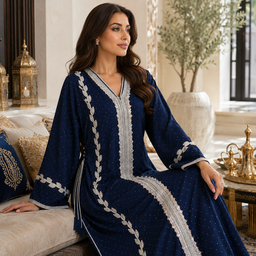 Royale Fashion Women's Luxury Embellished Abaya with Crystal Stone & Hand Embroidery | Premium Modest Kaftan Dress | Rhinestone Neckline | Elegant Islamic Arabic Wear | Navy Blue Image