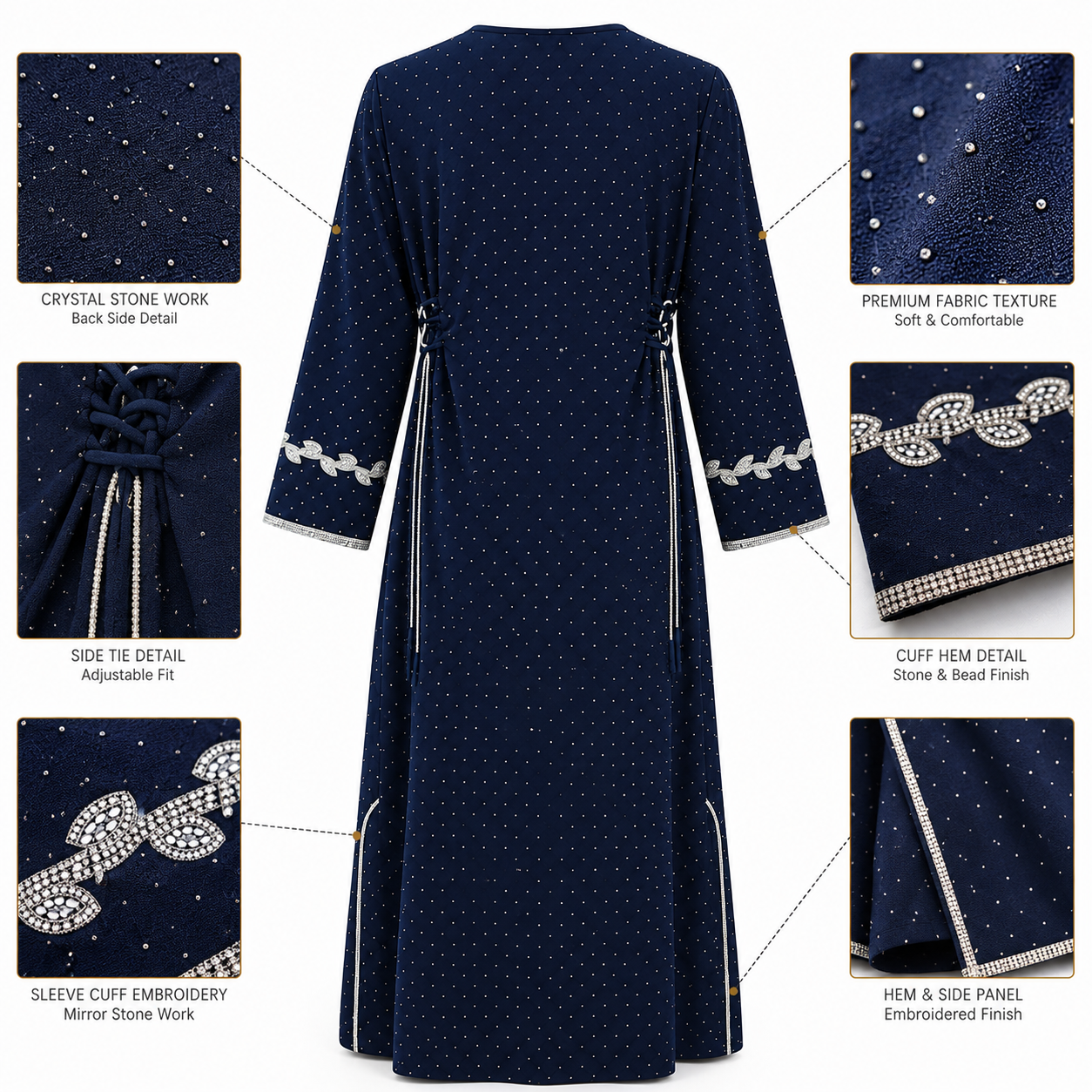 Royale Fashion Women's Luxury Embellished Abaya with Crystal Stone & Hand Embroidery | Premium Modest Kaftan Dress | Rhinestone Neckline | Elegant Islamic Arabic Wear | Navy Blue Image 