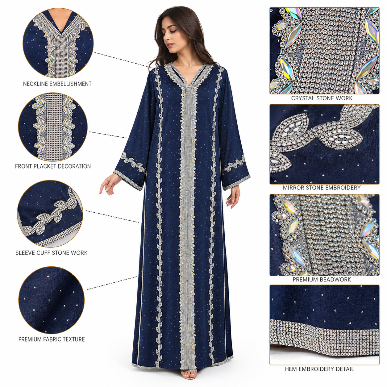 Royale Fashion Women's Luxury Embellished Abaya with Crystal Stone & Hand Embroidery | Premium Modest Kaftan Dress | Rhinestone Neckline | Elegant Islamic Arabic Wear | Navy Blue Image 