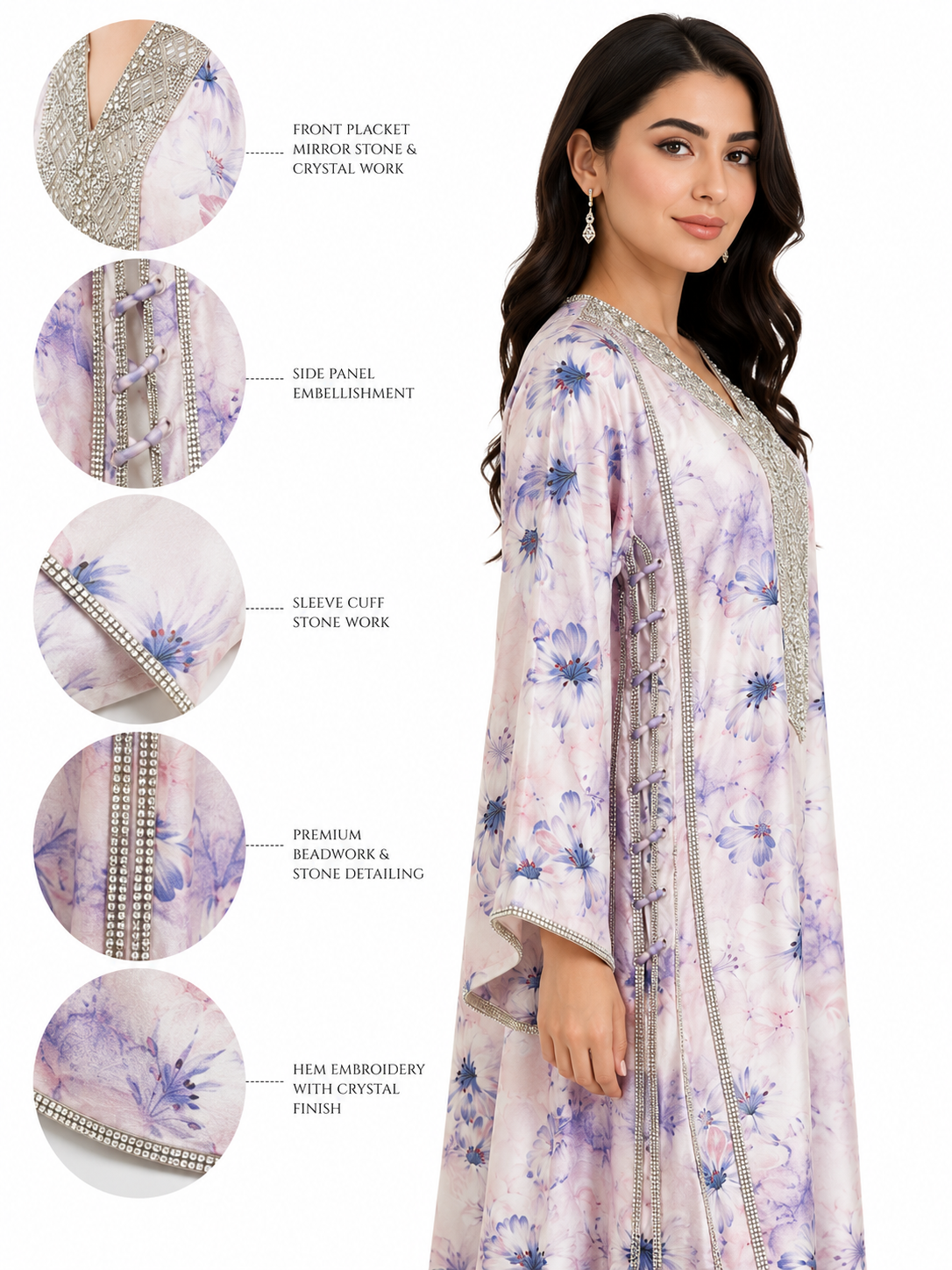 Royale Fashion Women's Premium Floral Printed Abaya with Crystal Stone Hand Embroidery, Luxury Kaftan Maxi Dress, Lightweight Modest Wear for Party, Eid & Evening Wear Image 