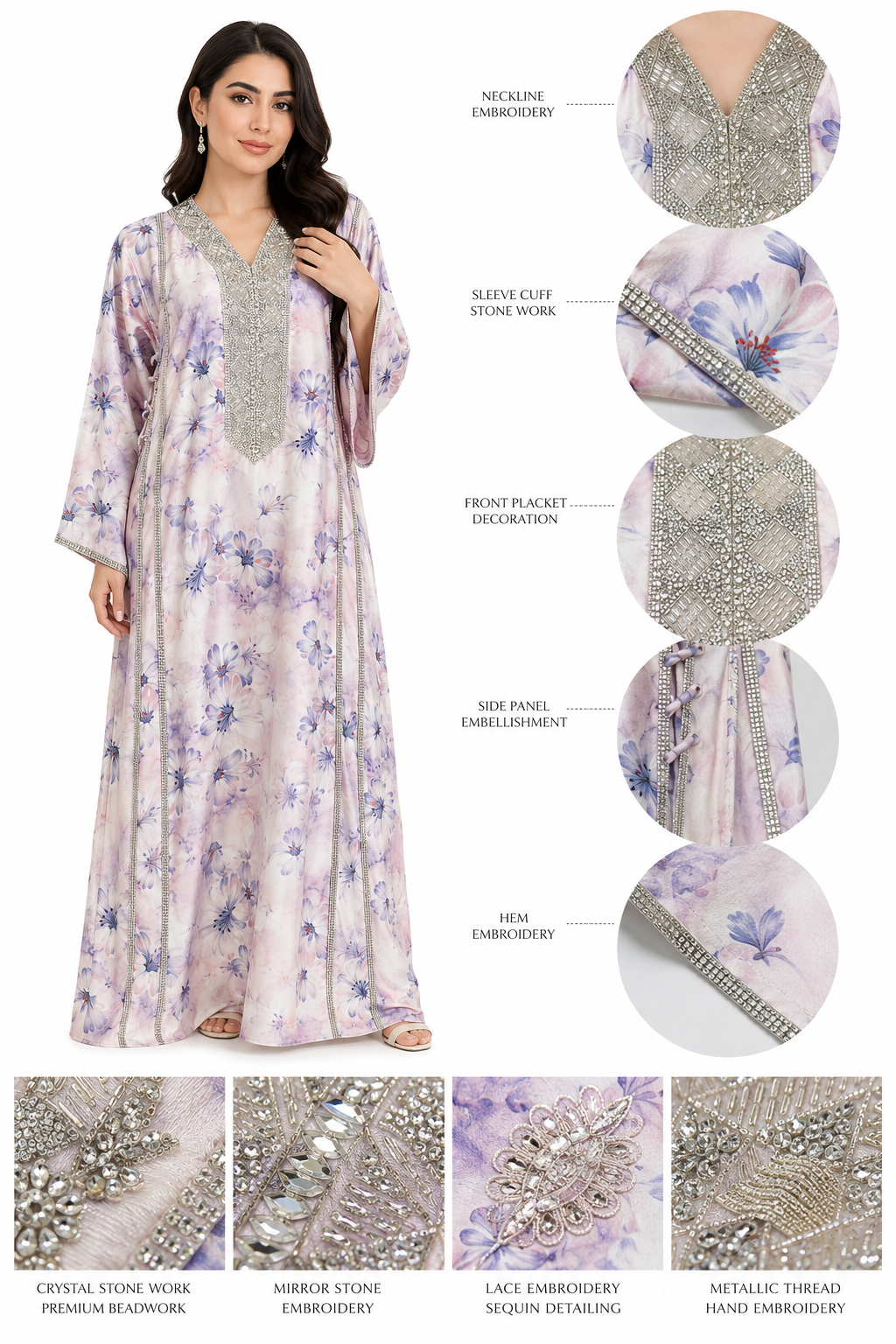 Royale Fashion Women's Premium Floral Printed Abaya with Crystal Stone Hand Embroidery, Luxury Kaftan Maxi Dress, Lightweight Modest Wear for Party, Eid & Evening Wear Image 