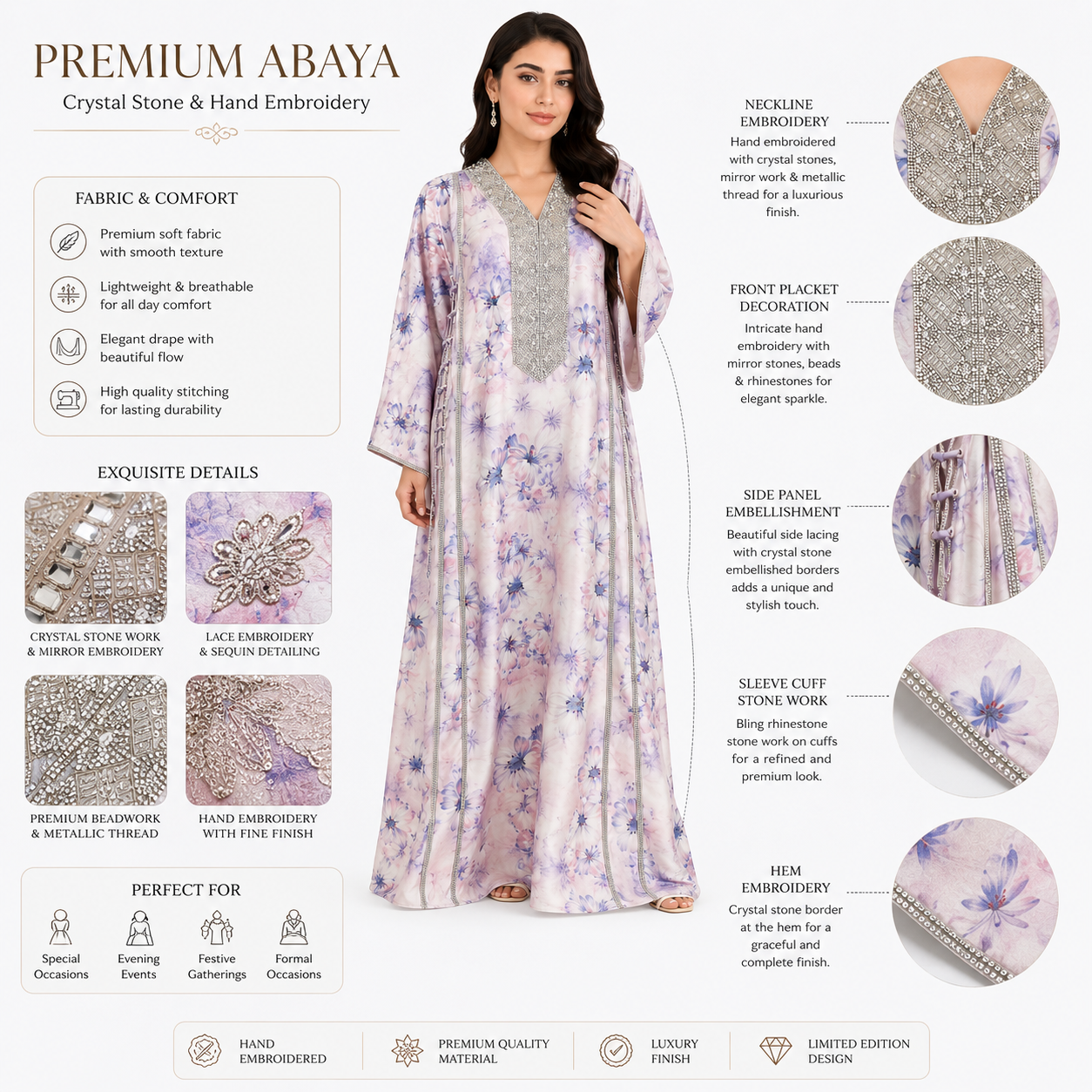 Royale Fashion Women's Premium Floral Printed Abaya with Crystal Stone Hand Embroidery, Luxury Kaftan Maxi Dress, Lightweight Modest Wear for Party, Eid & Evening Wear Image 