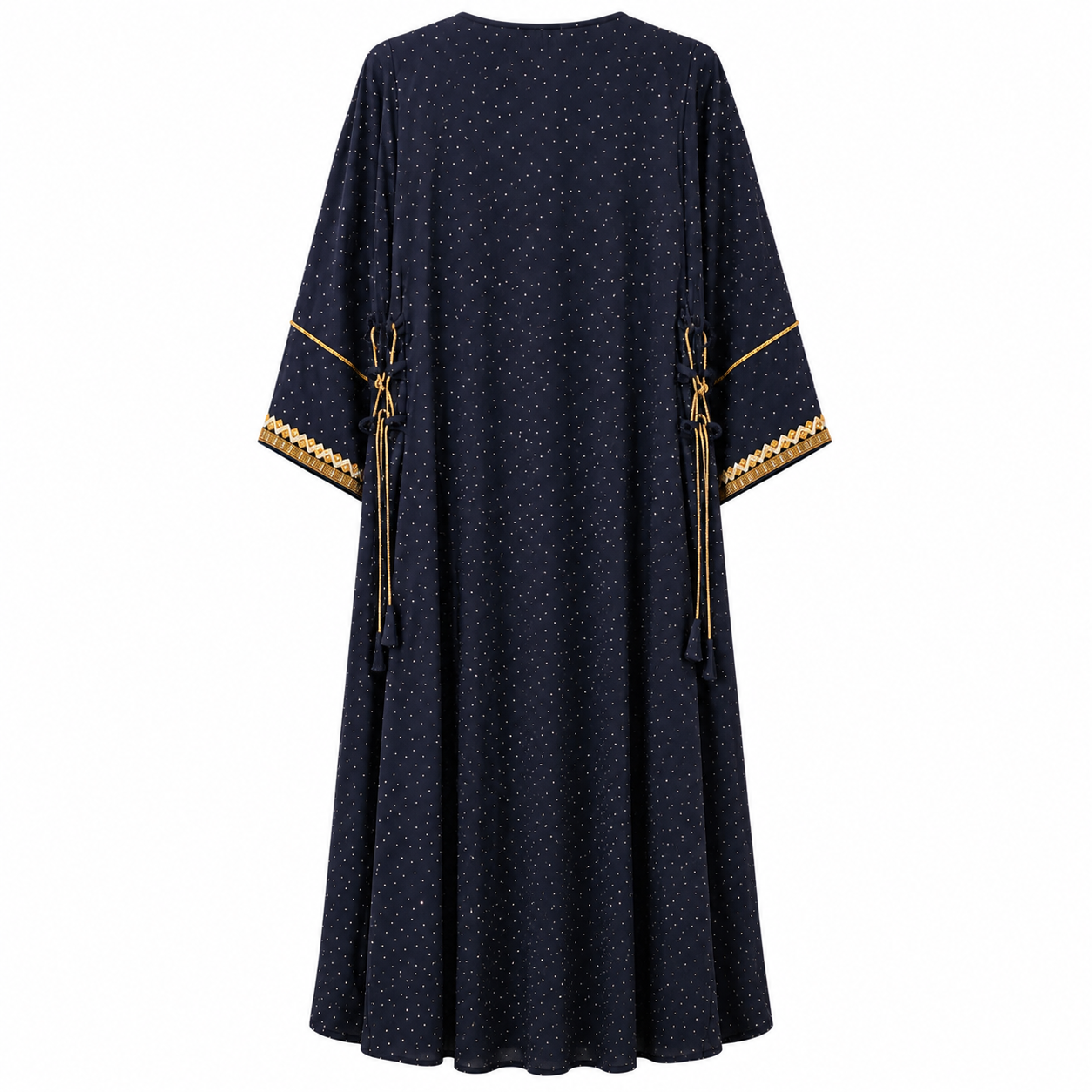 Royale Fashion Women's Luxury Kaftan Abaya – Navy Blue Maxi Dress with Gold Embroidery, Crystal Stone Detailing, V-Neck, Loose Fit, Elegant Islamic Modest Wear for Eid, Ramadan, Parties & Special Occasions Image 
