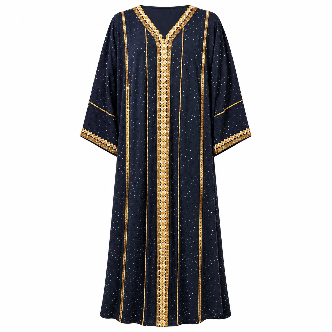 Royale Fashion Women's Luxury Kaftan Abaya – Navy Blue Maxi Dress with Gold Embroidery, Crystal Stone Detailing, V-Neck, Loose Fit, Elegant Islamic Modest Wear for Eid, Ramadan, Parties & Special Occasions