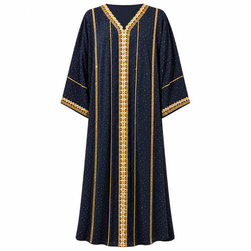 Royale Fashion Women's Luxury Kaftan Abaya – Navy Blue Maxi Dress with Gold Embroidery, Crystal Stone Detailing, V-Neck, Loose Fit, Elegant Islamic Modest Wear for Eid, Ramadan, Parties & Special Occasions