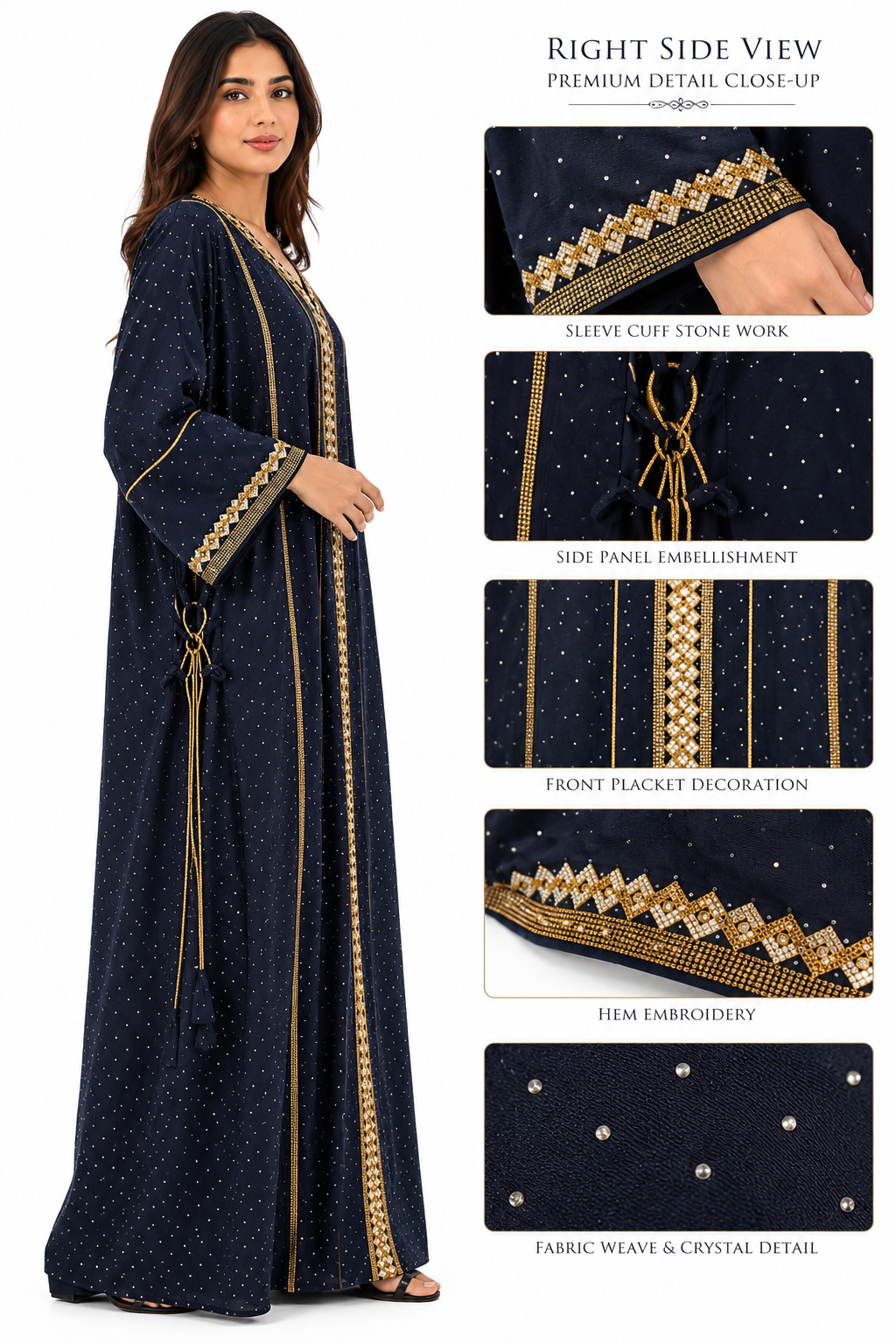 Royale Fashion Women's Luxury Kaftan Abaya – Navy Blue Maxi Dress with Gold Embroidery, Crystal Stone Detailing, V-Neck, Loose Fit, Elegant Islamic Modest Wear for Eid, Ramadan, Parties & Special Occasions Image 