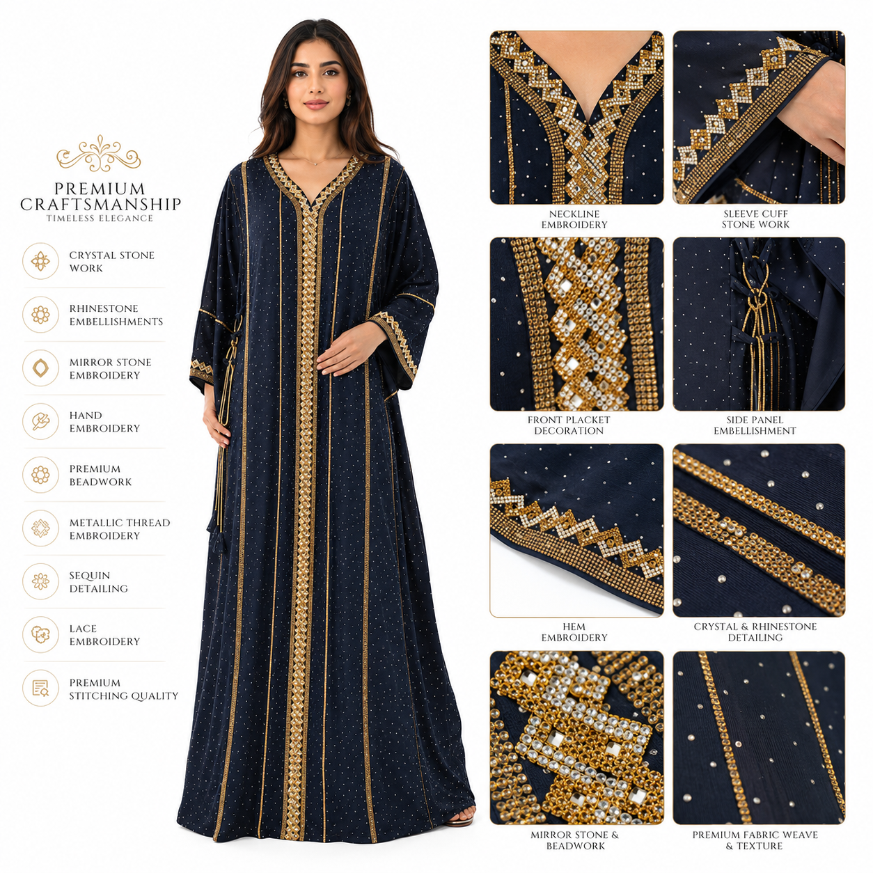 Royale Fashion Women's Luxury Kaftan Abaya – Navy Blue Maxi Dress with Gold Embroidery, Crystal Stone Detailing, V-Neck, Loose Fit, Elegant Islamic Modest Wear for Eid, Ramadan, Parties & Special Occasions Image 