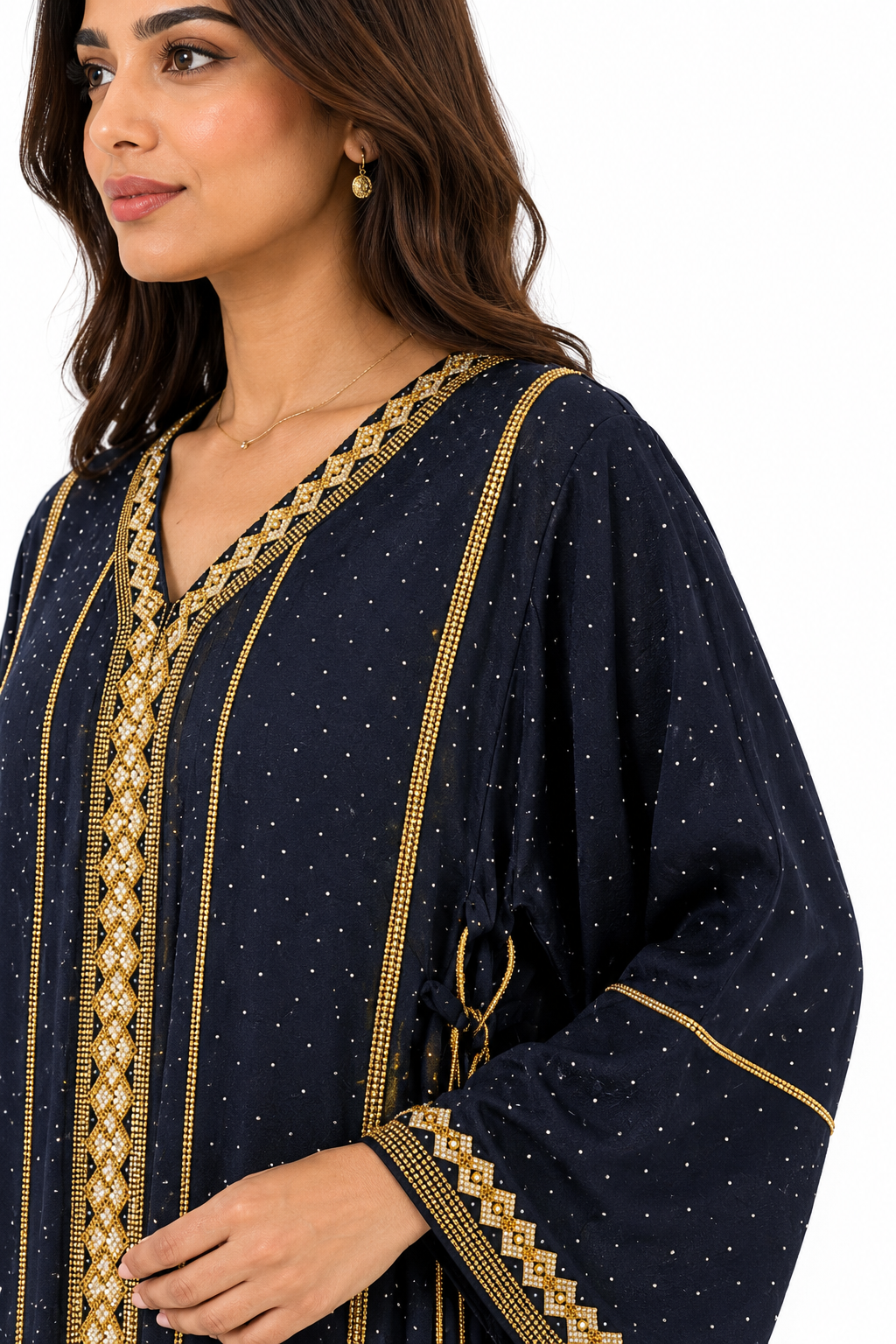 Royale Fashion Women's Luxury Kaftan Abaya – Navy Blue Maxi Dress with Gold Embroidery, Crystal Stone Detailing, V-Neck, Loose Fit, Elegant Islamic Modest Wear for Eid, Ramadan, Parties & Special Occasions Image 