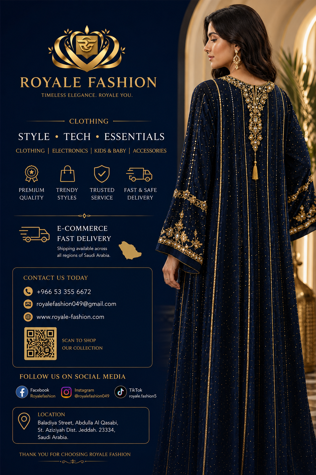 Royale Fashion Women's Luxury Kaftan Abaya – Navy Blue Maxi Dress with Gold Embroidery, Crystal Stone Detailing, V-Neck, Loose Fit, Elegant Islamic Modest Wear for Eid, Ramadan, Parties & Special Occasions Image 
