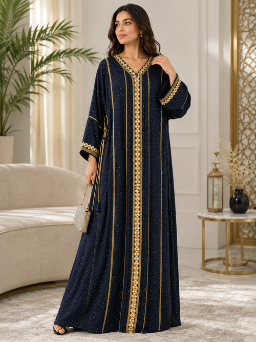 Royale Fashion Women's Luxury Kaftan Abaya – Navy Blue Maxi Dress with Gold Embroidery, Crystal Stone Detailing, V-Neck, Loose Fit, Elegant Islamic Modest Wear for Eid, Ramadan, Parties & Special Occasions Image