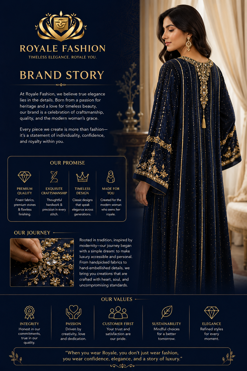 Royale Fashion Women's Luxury Kaftan Abaya – Navy Blue Maxi Dress with Gold Embroidery, Crystal Stone Detailing, V-Neck, Loose Fit, Elegant Islamic Modest Wear for Eid, Ramadan, Parties & Special Occasions Image 