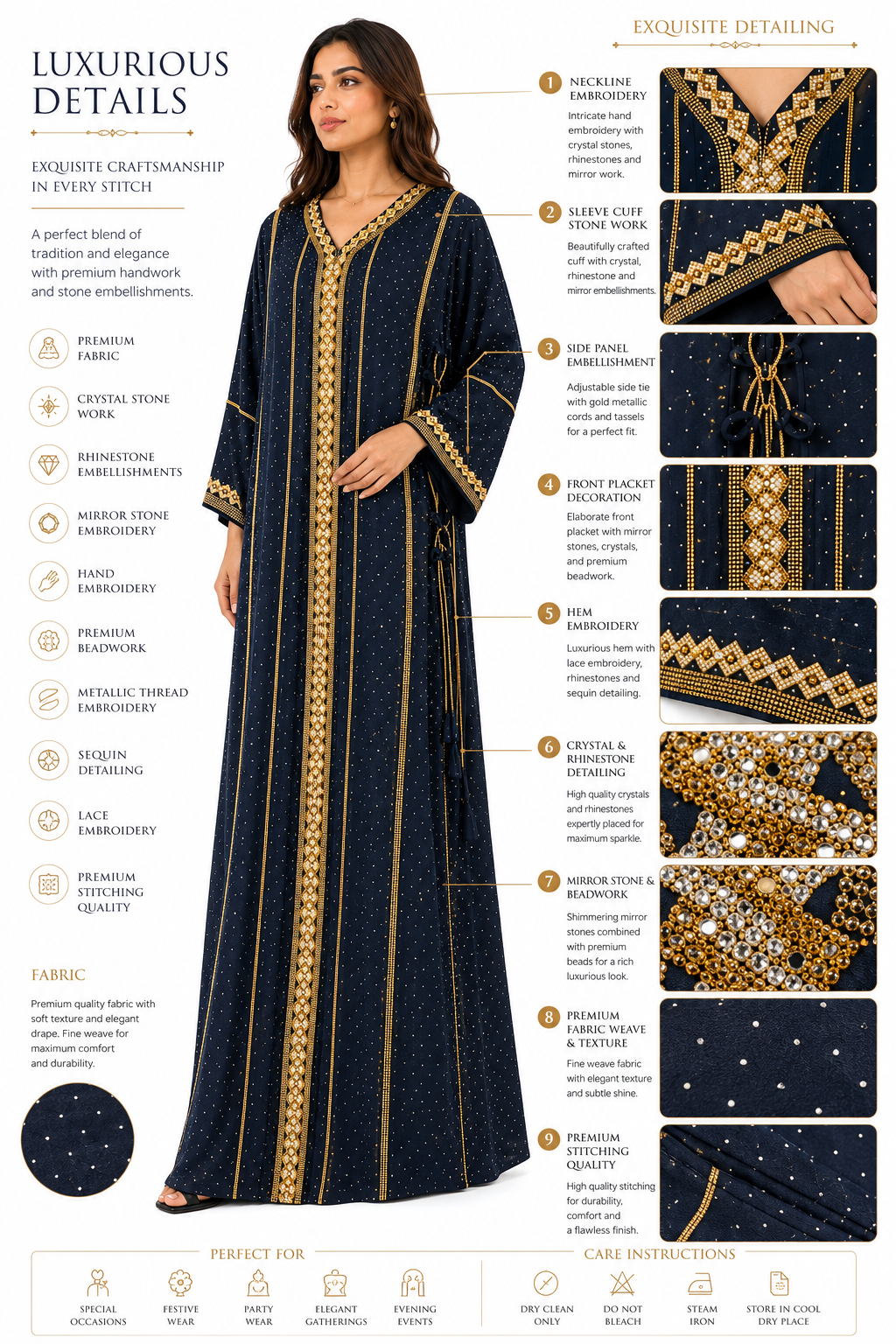 Royale Fashion Women's Luxury Kaftan Abaya – Navy Blue Maxi Dress with Gold Embroidery, Crystal Stone Detailing, V-Neck, Loose Fit, Elegant Islamic Modest Wear for Eid, Ramadan, Parties & Special Occasions Image 