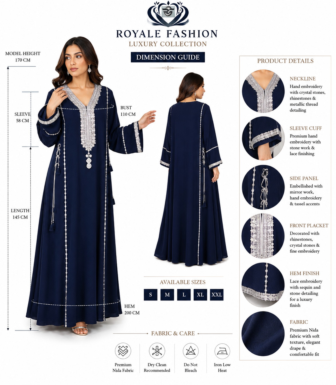 Royale Fashion Luxury Embroidered Abaya for Women | Crystal Stone & Pearl Work Kaftan | Premium Modest Islamic Dress | Navy Blue Image 