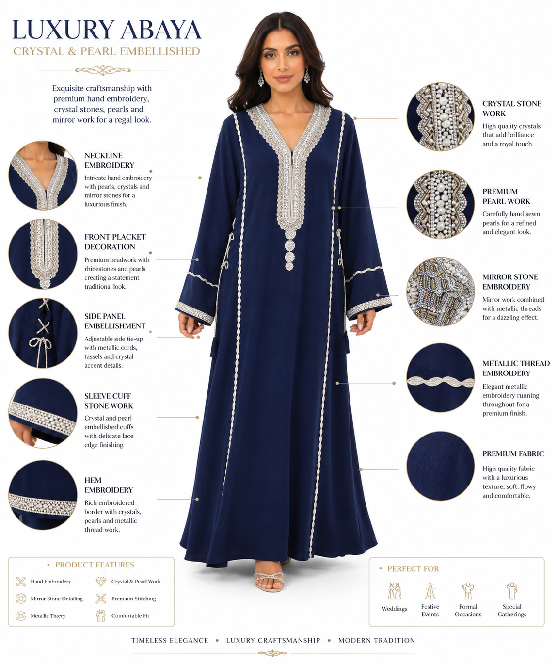 Royale Fashion Luxury Embroidered Abaya for Women | Crystal Stone & Pearl Work Kaftan | Premium Modest Islamic Dress | Navy Blue Image 