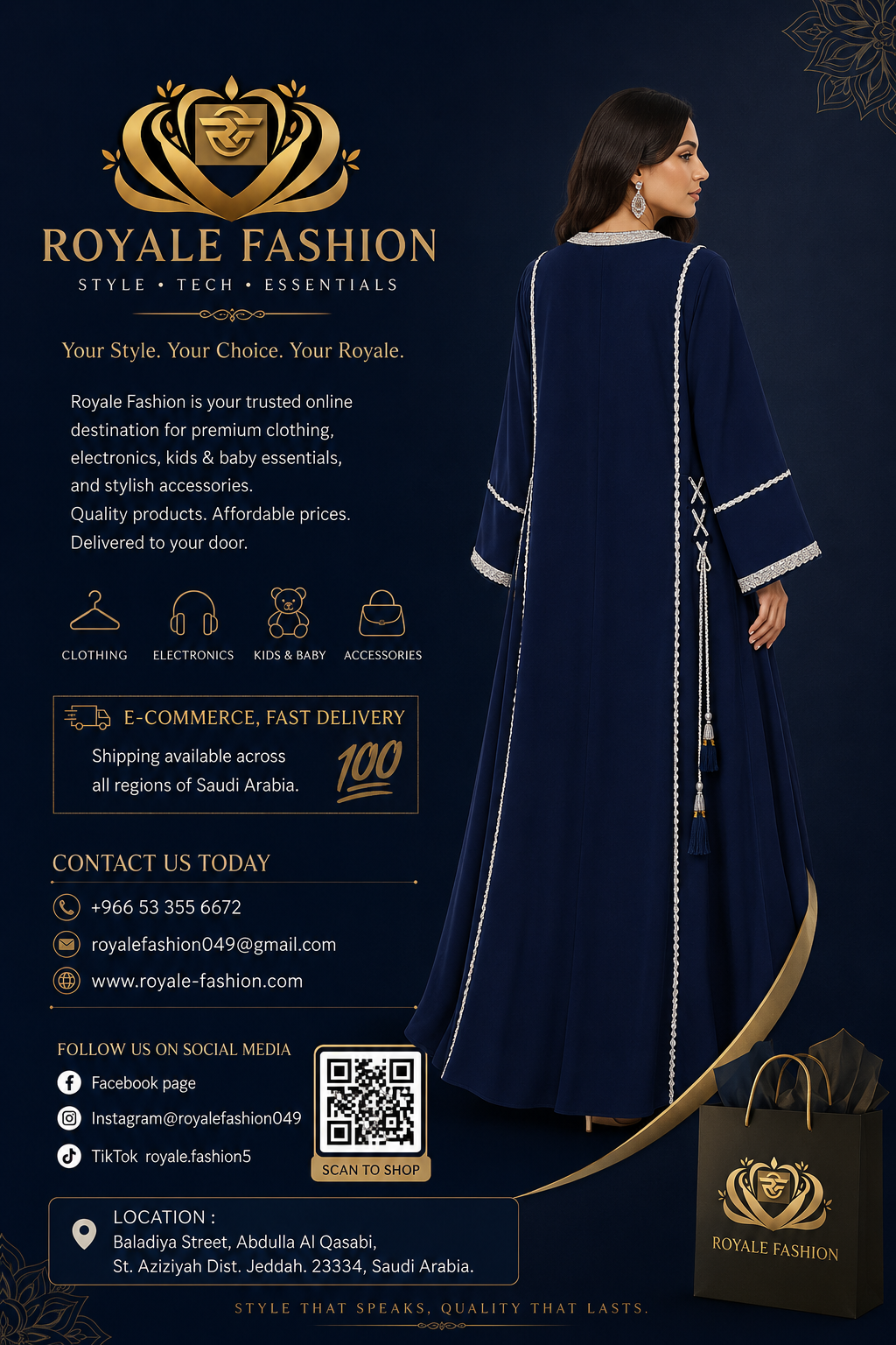 Royale Fashion Luxury Embroidered Abaya for Women | Crystal Stone & Pearl Work Kaftan | Premium Modest Islamic Dress | Navy Blue Image 