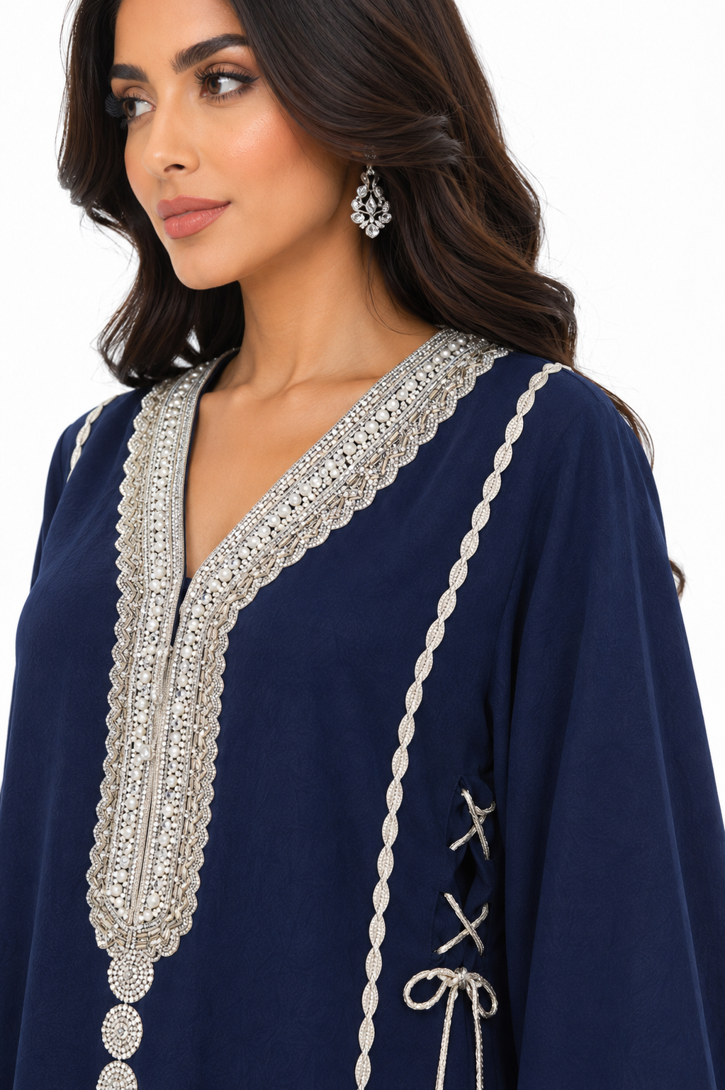 Royale Fashion Luxury Embroidered Abaya for Women | Crystal Stone & Pearl Work Kaftan | Premium Modest Islamic Dress | Navy Blue Image 