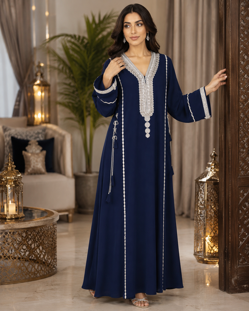 Royale Fashion Luxury Embroidered Abaya for Women | Crystal Stone & Pearl Work Kaftan | Premium Modest Islamic Dress | Navy Blue Image