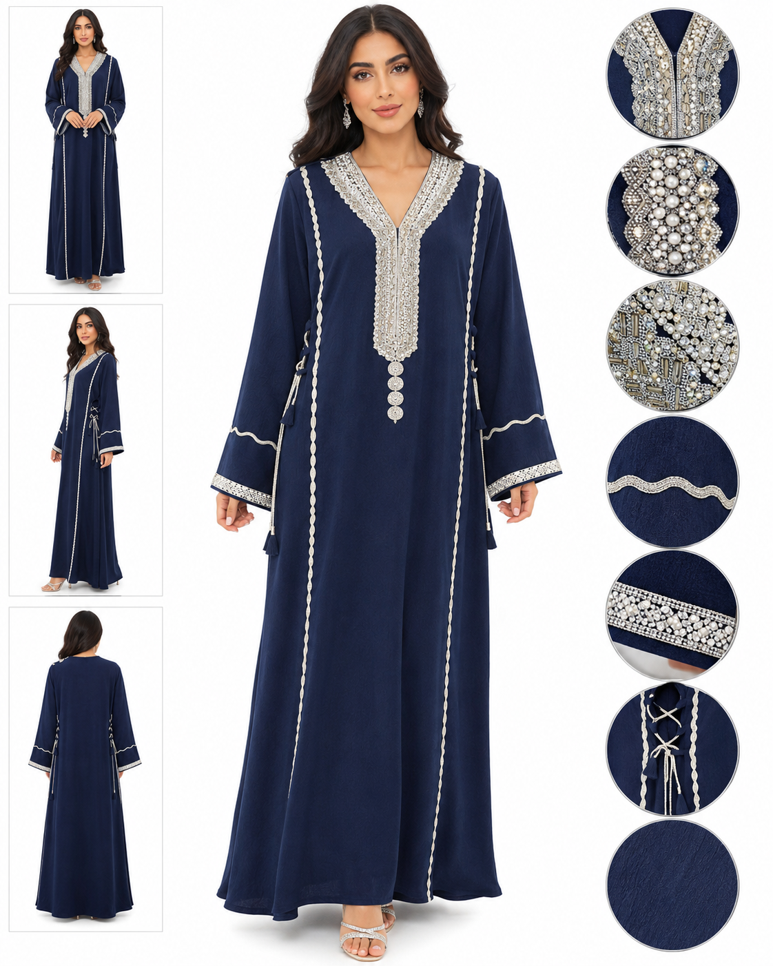 Royale Fashion Luxury Embroidered Abaya for Women | Crystal Stone & Pearl Work Kaftan | Premium Modest Islamic Dress | Navy Blue Image 