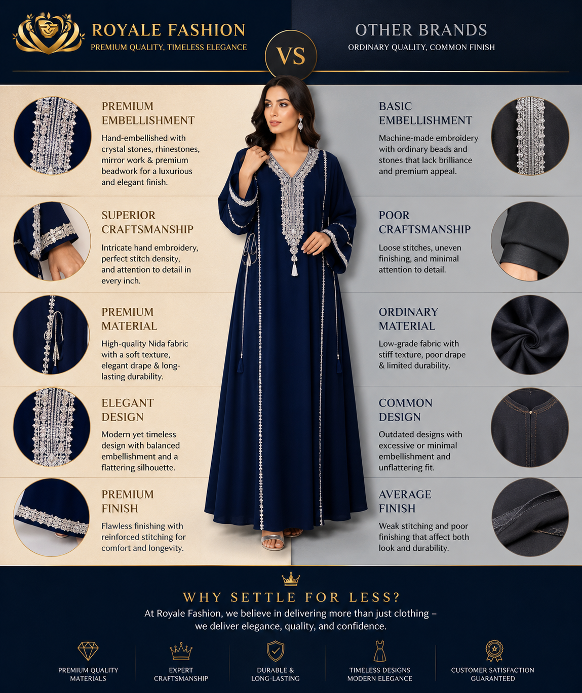 Royale Fashion Luxury Embroidered Abaya for Women | Crystal Stone & Pearl Work Kaftan | Premium Modest Islamic Dress | Navy Blue Image 