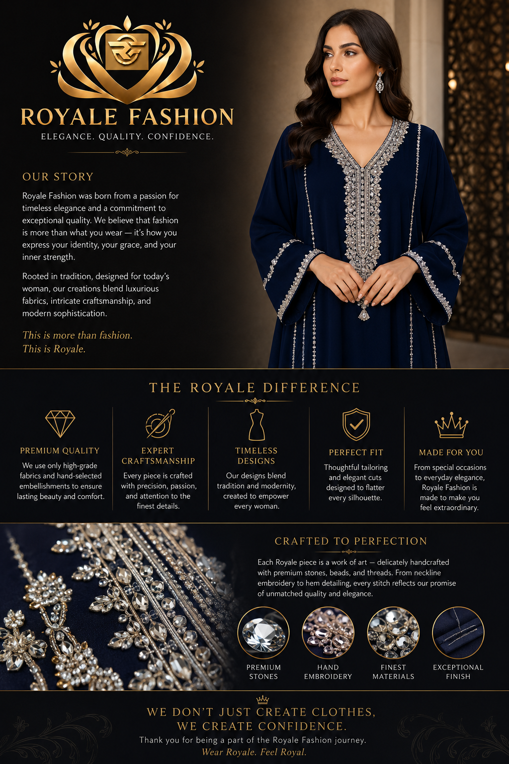 Royale Fashion Luxury Embroidered Abaya for Women | Crystal Stone & Pearl Work Kaftan | Premium Modest Islamic Dress | Navy Blue Image 