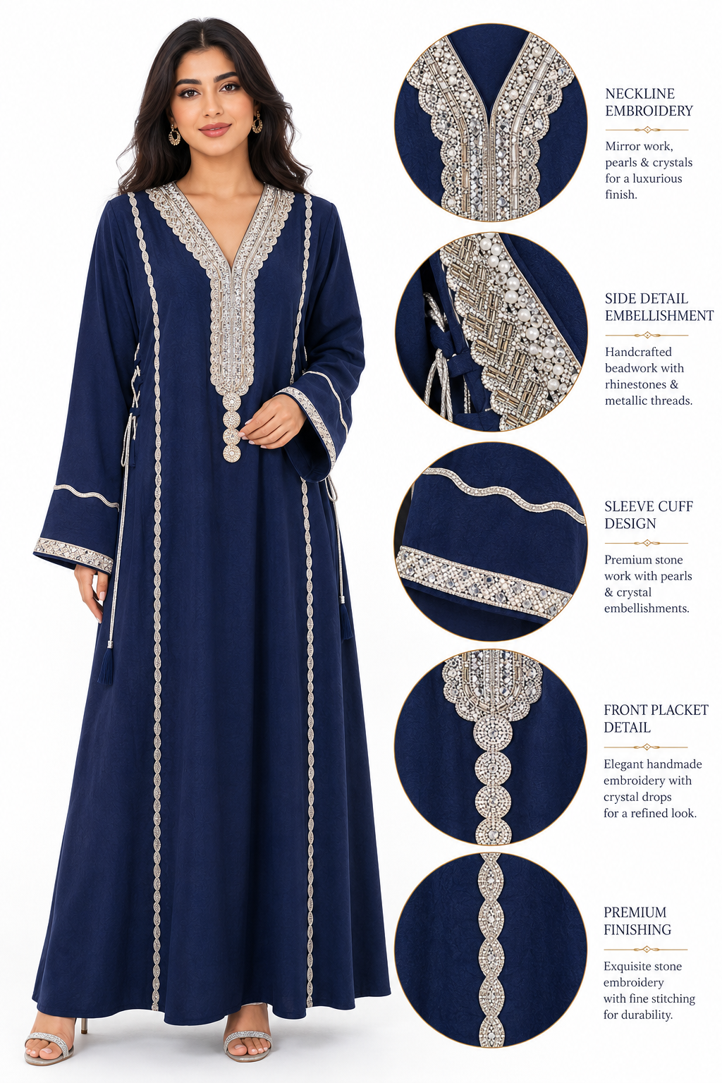 Royale Fashion Luxury Embroidered Abaya for Women | Crystal Stone & Pearl Work Kaftan | Premium Modest Islamic Dress | Navy Blue Image 