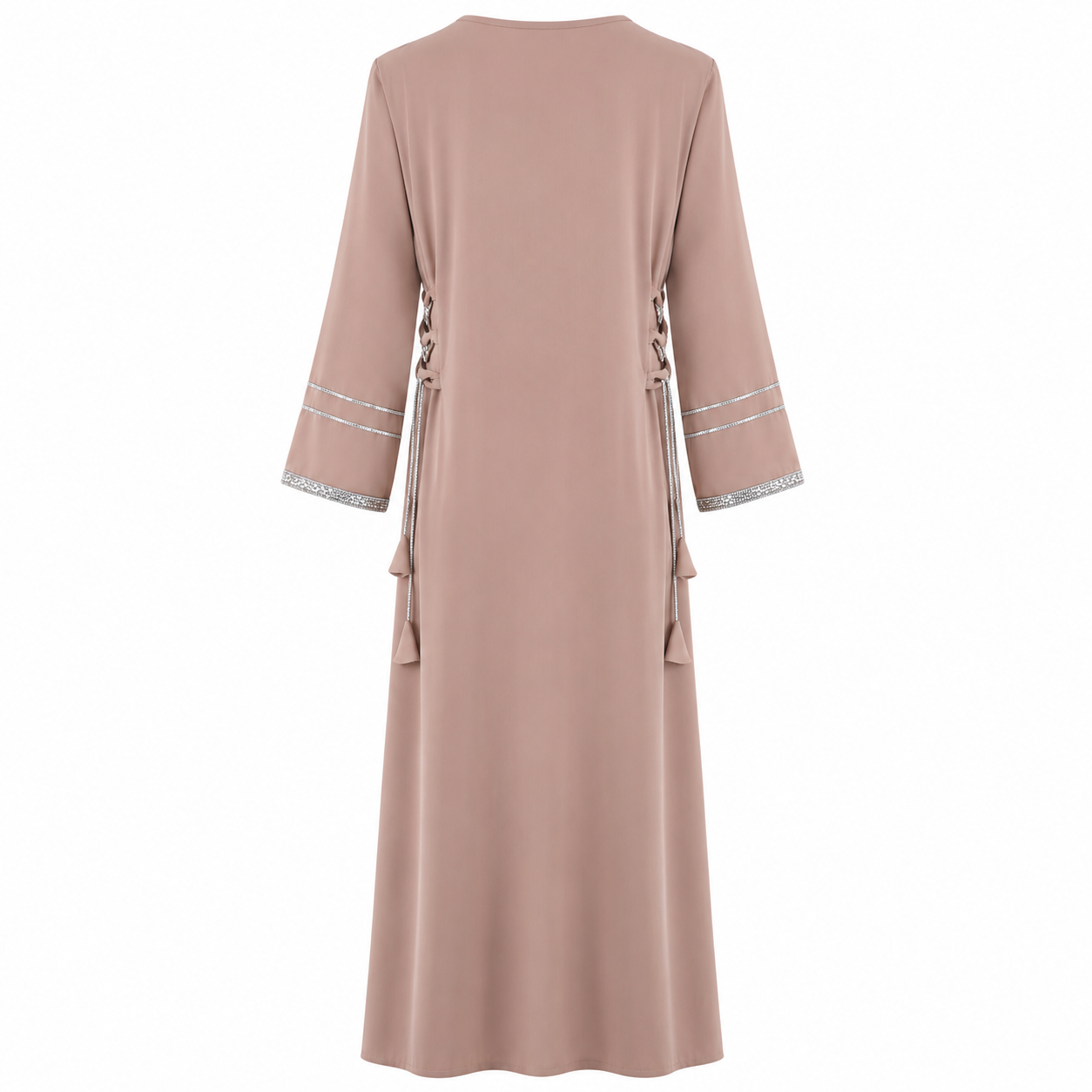 Royale Fashion Women's Luxury Kaftan Abaya Dress with Crystal Stone & Mirror Embroidery, V-Neck Long Sleeve Modest Maxi Dress for Eid, Ramadan, Evening Party & Formal Wear – Beige Image 