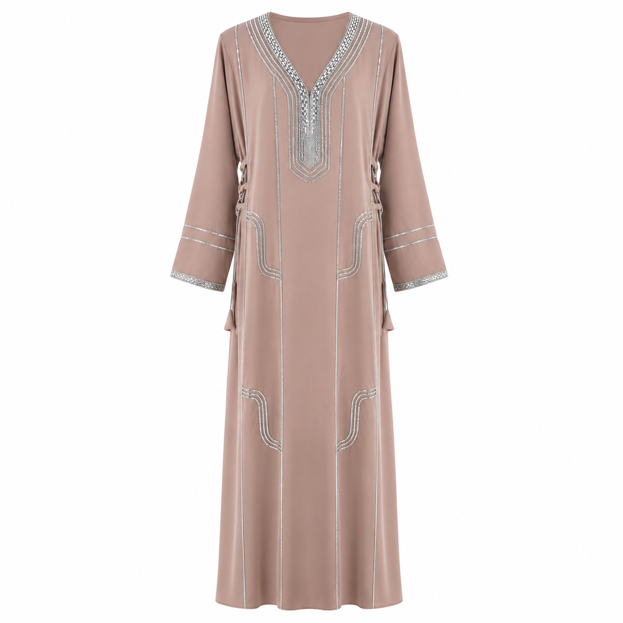 Royale Fashion Women's Luxury Kaftan Abaya Dress with Crystal Stone & Mirror Embroidery, V-Neck Long Sleeve Modest Maxi Dress for Eid, Ramadan, Evening Party & Formal Wear – Beige Image 