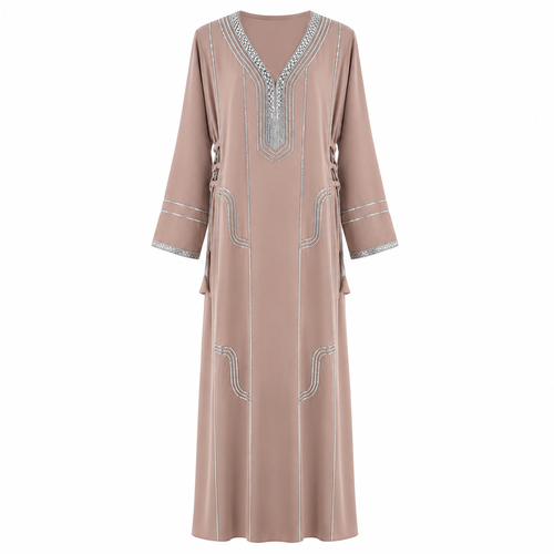 Royale Fashion Women's Luxury Kaftan Abaya Dress with Crystal Stone & Mirror Embroidery, V-Neck Long Sleeve Modest Maxi Dress for Eid, Ramadan, Evening Party & Formal Wear – Beige