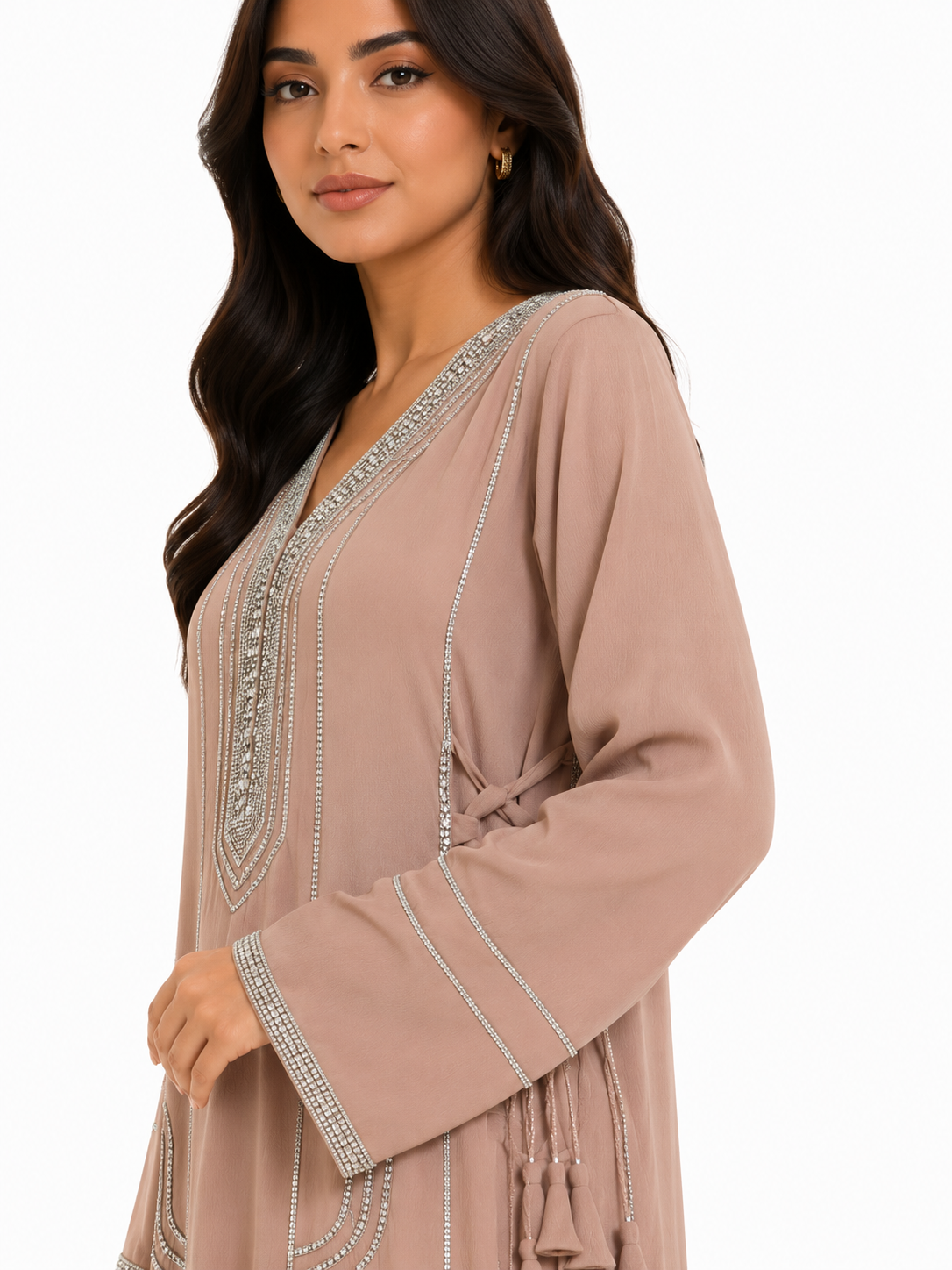 Royale Fashion Women's Luxury Kaftan Abaya Dress with Crystal Stone & Mirror Embroidery, V-Neck Long Sleeve Modest Maxi Dress for Eid, Ramadan, Evening Party & Formal Wear – Beige Image 