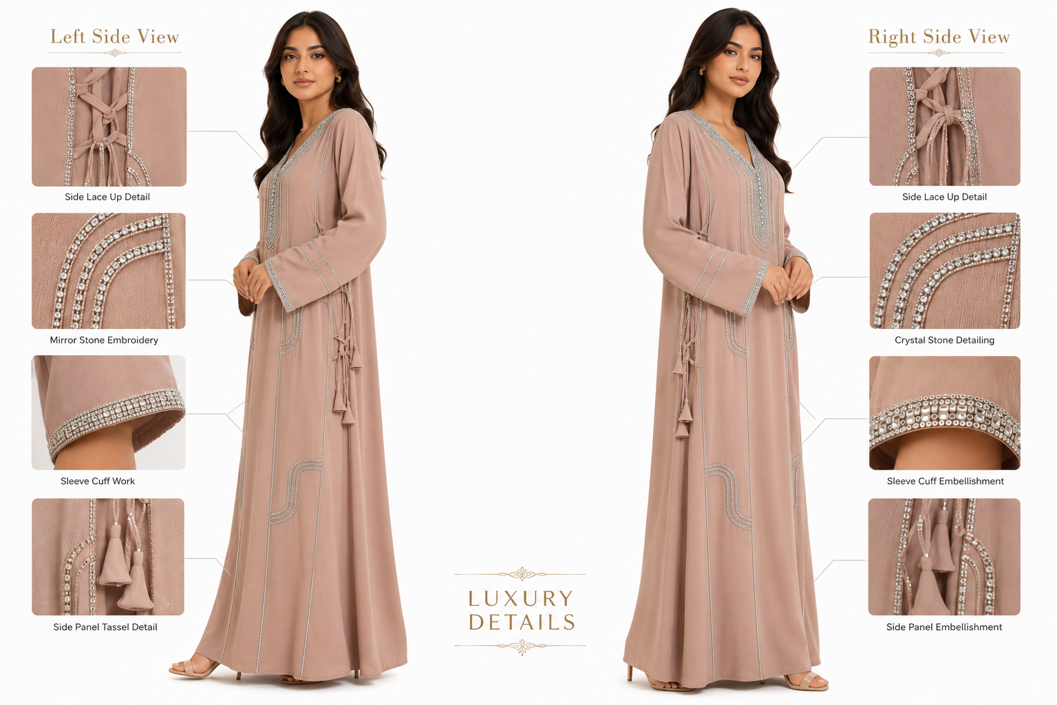 Royale Fashion Women's Luxury Kaftan Abaya Dress with Crystal Stone & Mirror Embroidery, V-Neck Long Sleeve Modest Maxi Dress for Eid, Ramadan, Evening Party & Formal Wear – Beige Image 