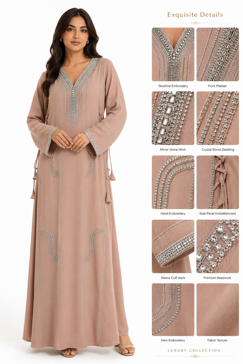 Royale Fashion Women's Luxury Kaftan Abaya Dress with Crystal Stone & Mirror Embroidery, V-Neck Long Sleeve Modest Maxi Dress for Eid, Ramadan, Evening Party & Formal Wear – Beige Image 