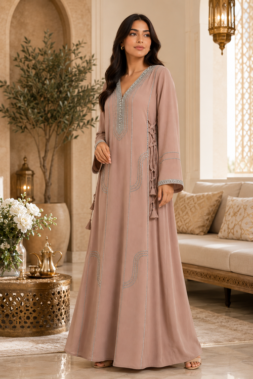 Royale Fashion Women's Luxury Kaftan Abaya Dress with Crystal Stone & Mirror Embroidery, V-Neck Long Sleeve Modest Maxi Dress for Eid, Ramadan, Evening Party & Formal Wear – Beige Image