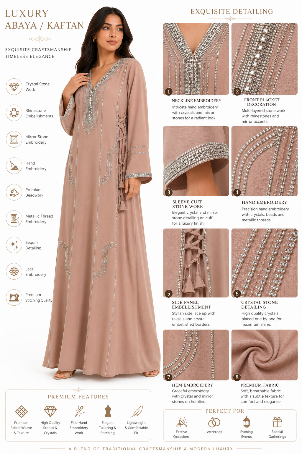 Royale Fashion Women's Luxury Kaftan Abaya Dress with Crystal Stone & Mirror Embroidery, V-Neck Long Sleeve Modest Maxi Dress for Eid, Ramadan, Evening Party & Formal Wear – Beige Image 