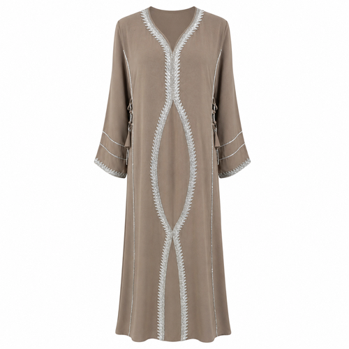Royale Fashion Women's Luxury Crystal Stone Embroidered Abaya, Premium Kaftan Dress with Rhinestone, Mirror Work, Lace Embroidery, Long Sleeve Modest Maxi Dress for Eid, Ramadan & Special Occasions, Taupe