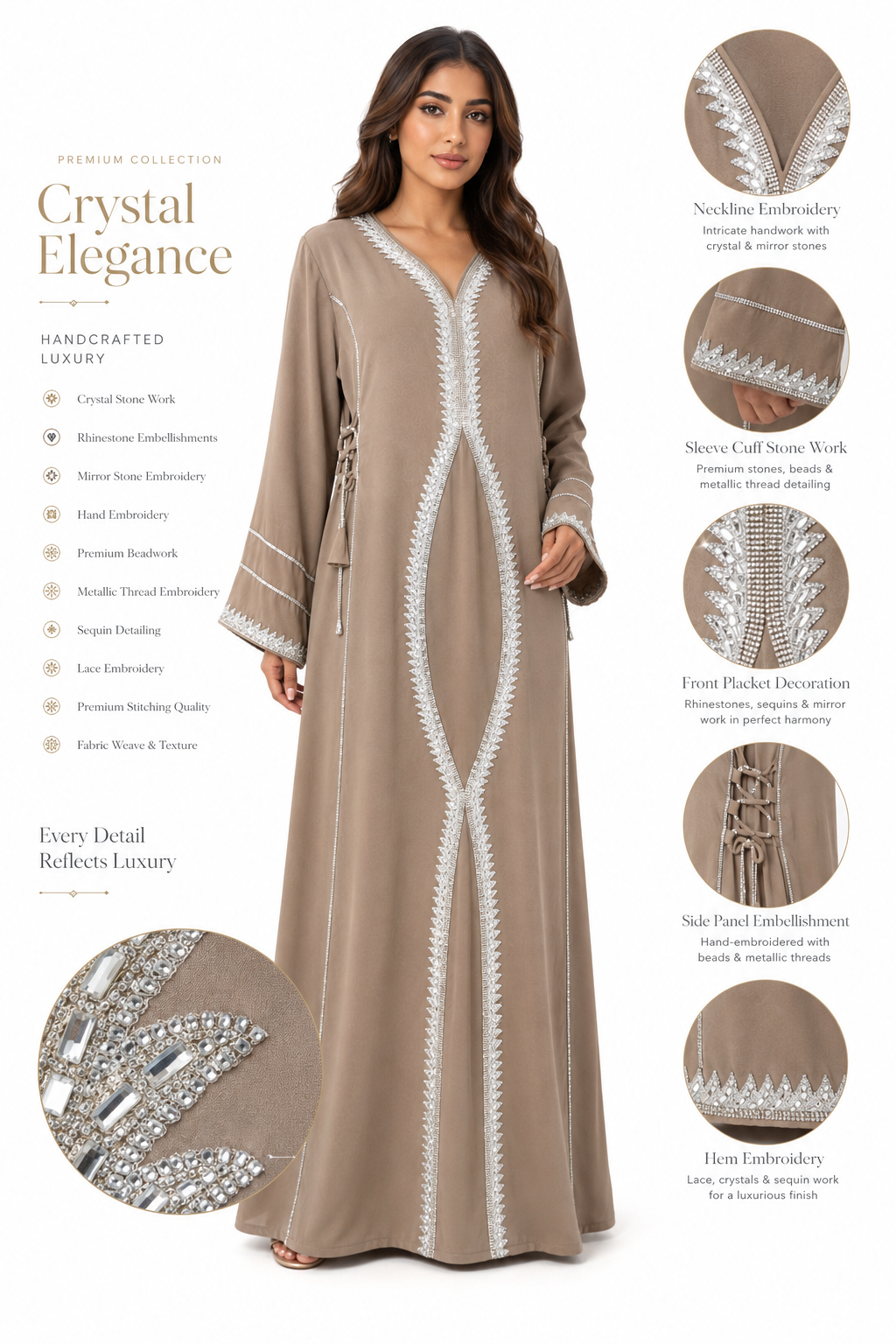 Royale Fashion Women's Luxury Crystal Stone Embroidered Abaya, Premium Kaftan Dress with Rhinestone, Mirror Work, Lace Embroidery, Long Sleeve Modest Maxi Dress for Eid, Ramadan & Special Occasions, Taupe Image 