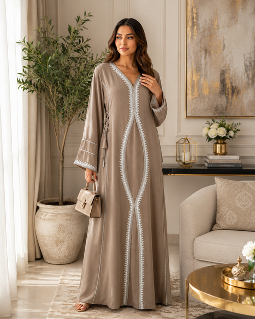 Royale Fashion Women's Luxury Crystal Stone Embroidered Abaya, Premium Kaftan Dress with Rhinestone, Mirror Work, Lace Embroidery, Long Sleeve Modest Maxi Dress for Eid, Ramadan & Special Occasions, Taupe Image