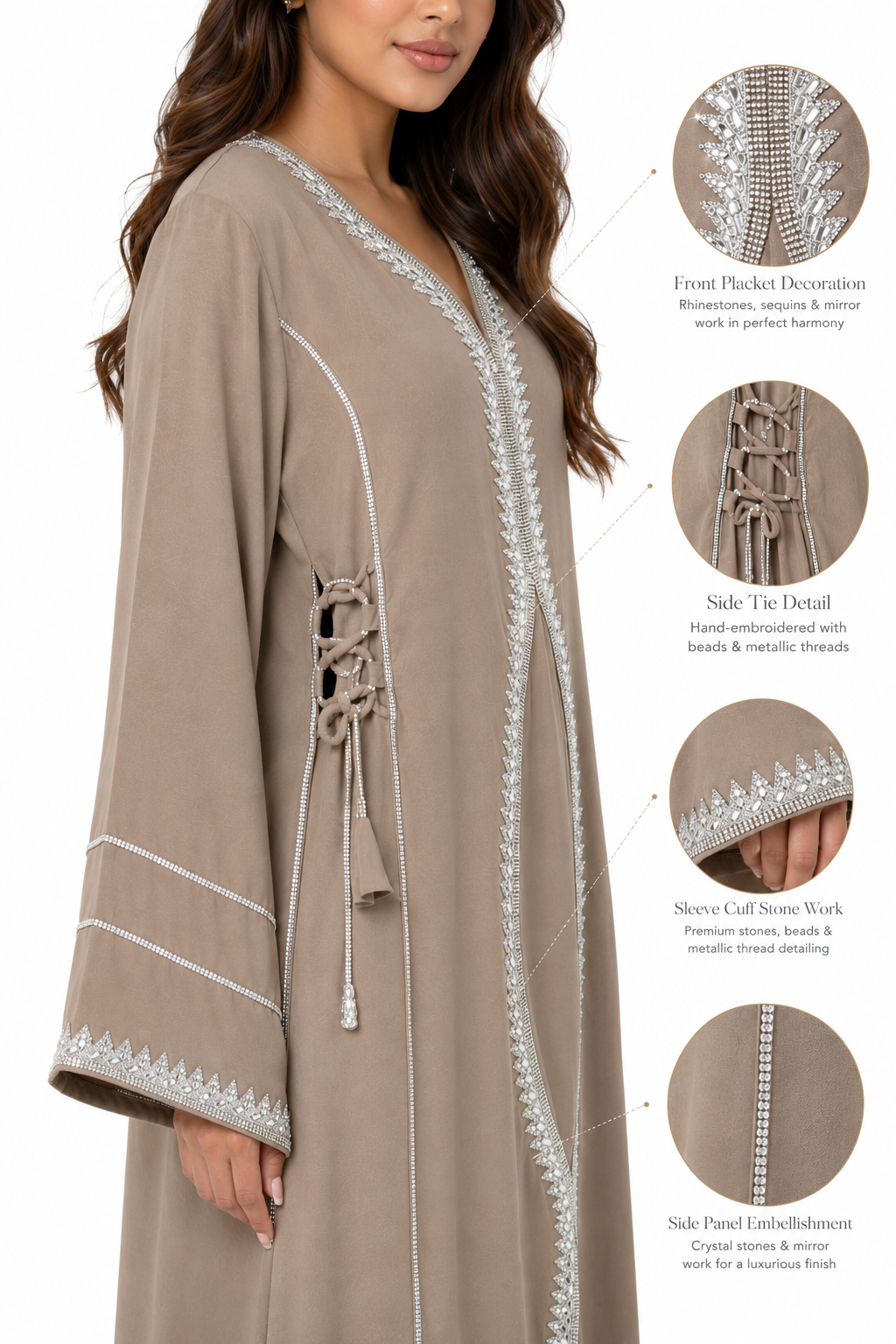 Royale Fashion Women's Luxury Crystal Stone Embroidered Abaya, Premium Kaftan Dress with Rhinestone, Mirror Work, Lace Embroidery, Long Sleeve Modest Maxi Dress for Eid, Ramadan & Special Occasions, Taupe Image 